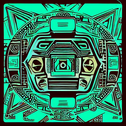 Prompt: retrofuture in the Aztec civilization, line vector Art