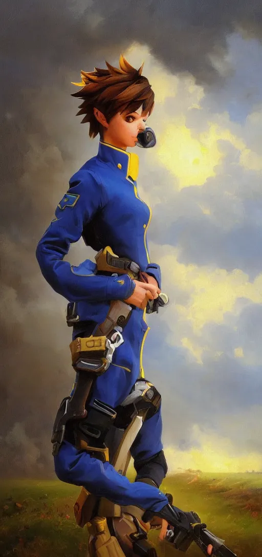 Image similar to oil painting of tracer overwatch in a field wearing blue uniform, in style of ivan aivazovsky, expressive face, detailed face, detailed eyes, full body, feminine face, tracer overwatch,