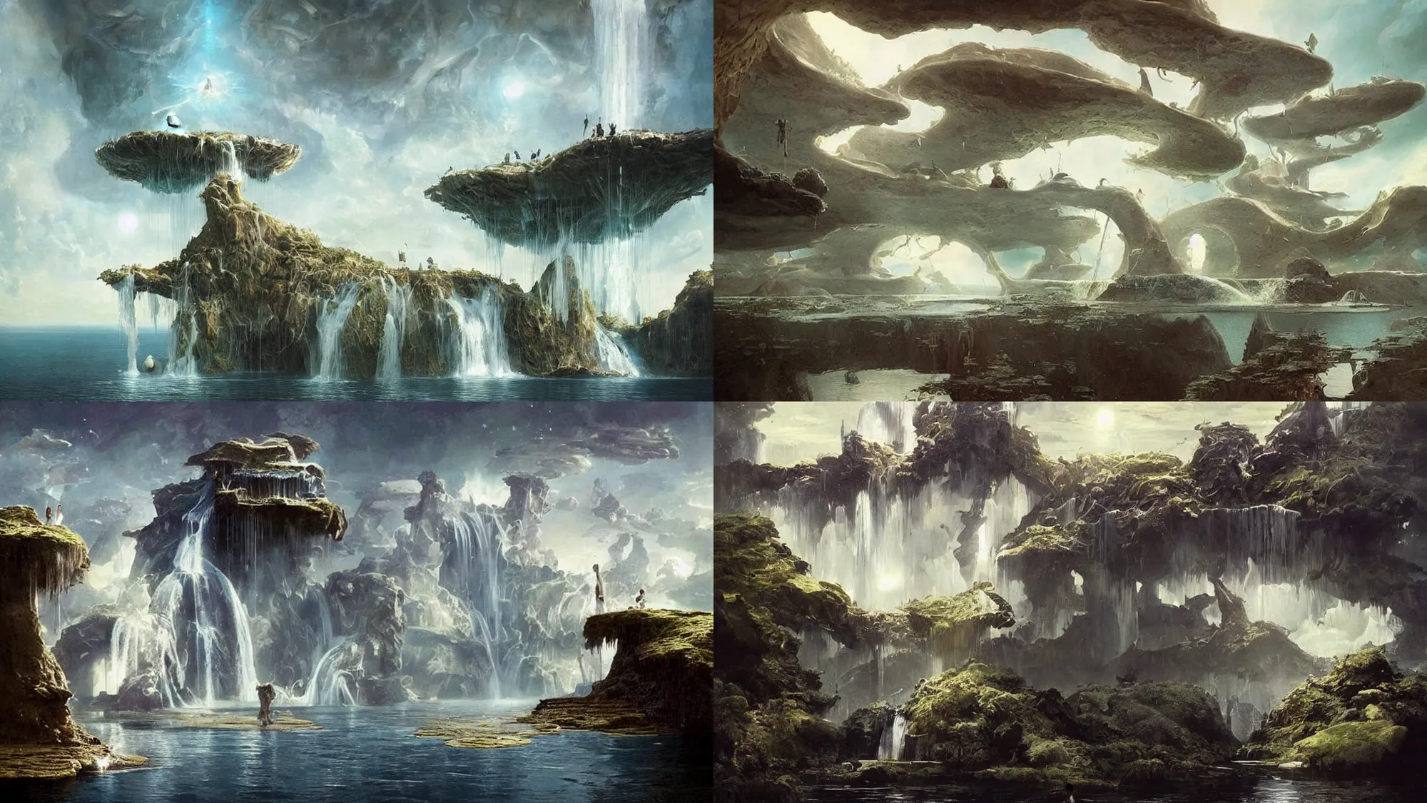 Prompt: floating islands of water with waterfalls connecting each other, whimsical surrealism, dream recording, deep - space imaging, fantastical setting, otherwordly, art by salvador dali, by greg rutkowski