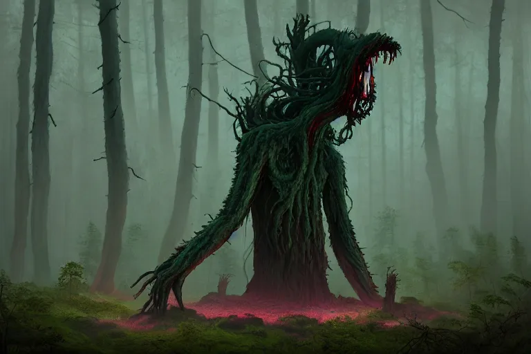 Prompt: creepy eldritch monster in a swedish forest, very low angle photograph, very detailed, trending on artstation, realistic, soft colors, simon stalenhag, lovecraft, horror