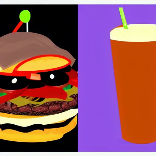 Prompt: a cartoon picture of a burger and a drink, concept art by derf, featured on deviantart, sots art, sketchfab, behance hd, concept art