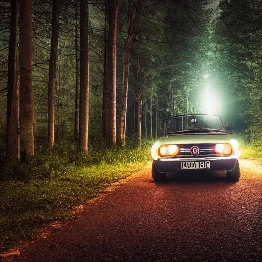 Image similar to fiat 1 2 4 in the dark forest, night, headlights are on, professional photography