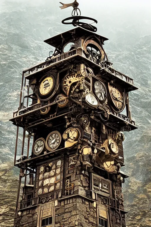 Prompt: the impossible clock tower on the top of a mountain, steampunk art