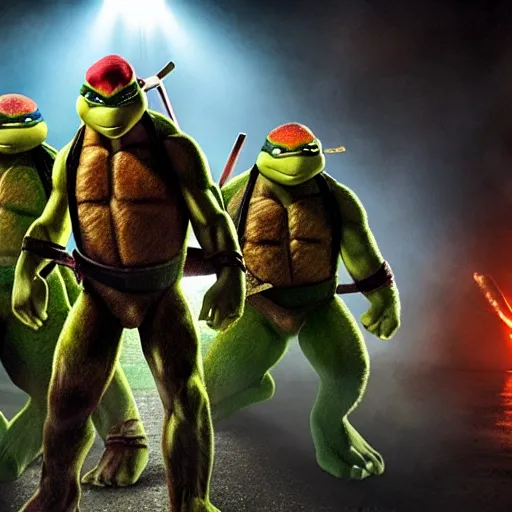 Image similar to hyperrealistic awe inspiring movie still teenage mutant ninja turtles 8 k hdr atmospheric lighting