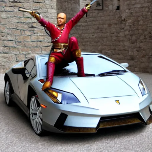 Prompt: archer from medieval times sitting on top of a lambo