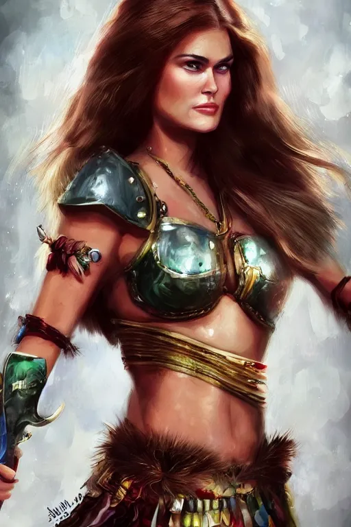 Prompt: mix of beautiful young maria shriver, mariel hemmingway, brooke shields, nicole kidman and elle macpherson as a young amazon warrior, thin lips, hair tied up in a pony tail, dark blonde hair, colorful, artstation, cgsociety