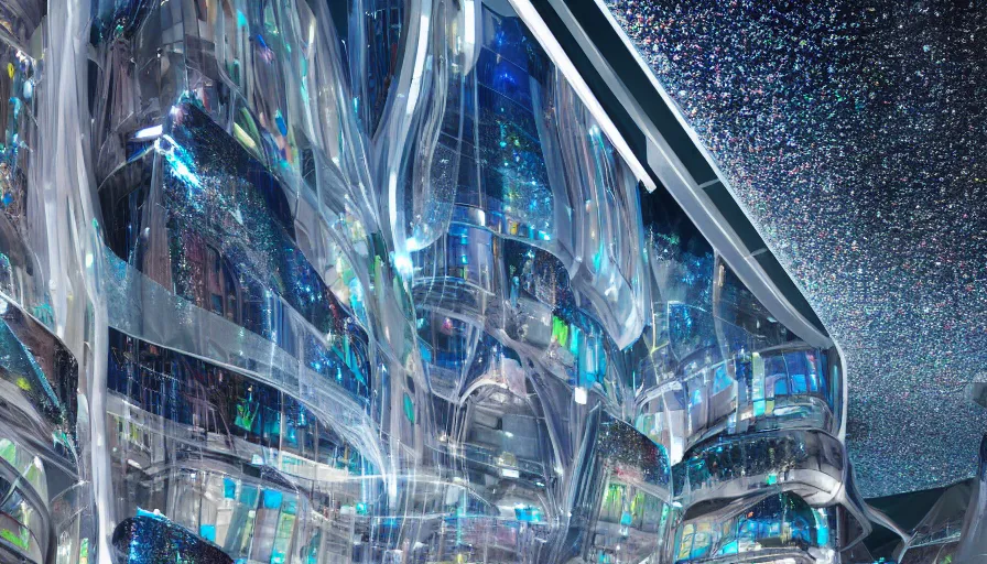 Prompt: A futuristic magazine architecture photo of fhloston paradise , refracted lines and sparkles, hyperrealistic 8k uhd, award-winning,