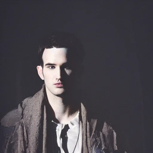 Image similar to portrait of the sandman morpheus ， no beard tom sturridge, and eyes like stars, rules dream world, with dream kingdom in the background,, wearing dark cloak