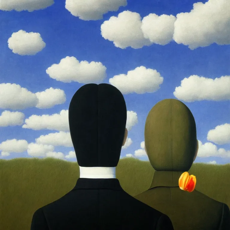 Image similar to portrait of a faceless tulip - head man in a suit, clouds in the background, by rene magritte, detailed painting, distance, middle centered, hd, hq, high resolution, high detail, 4 k, 8 k