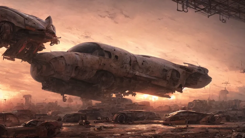 Prompt: a Photorealistic hyperrealistic render of a gigantic spaceship landing at a Junkyard full of weathered vehicles by PIXAR,Greg Rutkowski,Nicolas Bouvier SPARTH,James Paick,WLOP,Artgerm,dramatic moody sunset lighting,long shadows,Volumetric, cinematic atmosphere, Octane Render,Artstation,8k