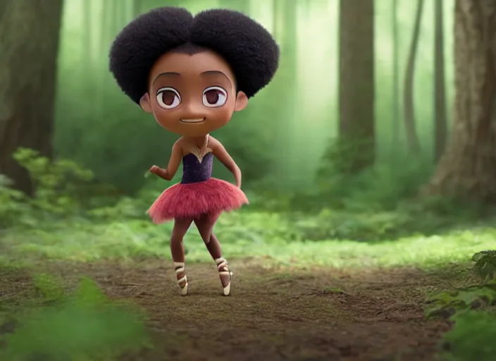 Prompt: black prima ballerina as nendoroid walking in a forest in the croods movie style, anime, disney, pixar, 8 k, hd, dof, kodak film, volumetric lighting, subsurface scattering, photorealistic, octane render, details