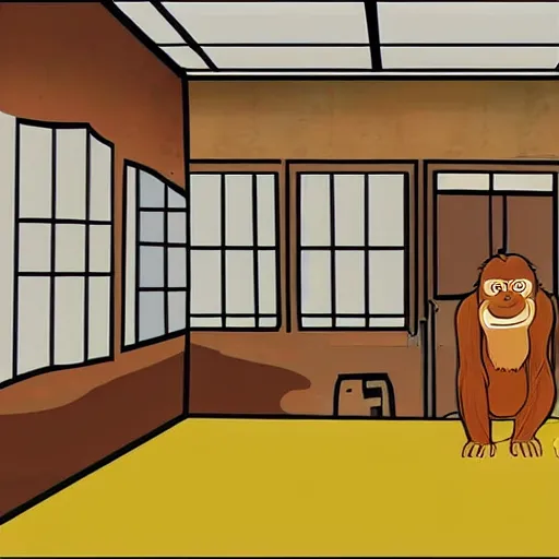 Image similar to do you want to draw an orangutan in an empty 9 0 s office building with no windows doors or furniture the building has brown carpet and yellow wallpaper as an anime?