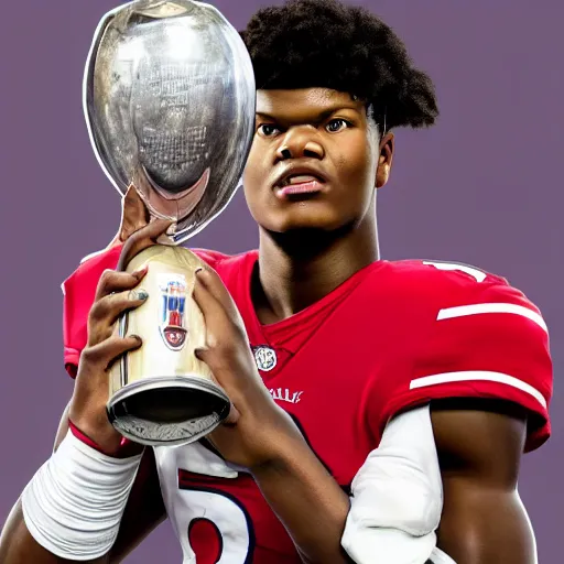 Image similar to a portrait of Lamar Jackson holding Lombardi Trophy, detailed and realistic face, 8k