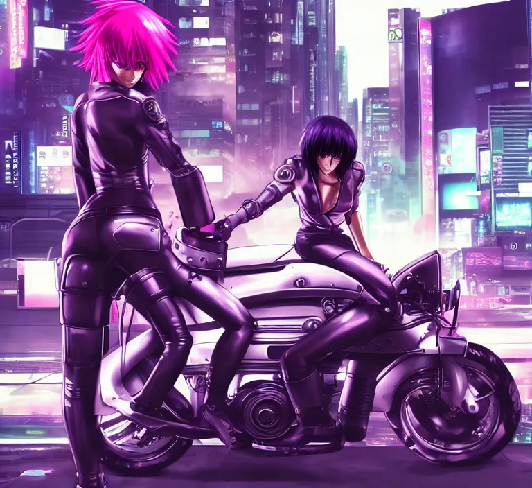 Image similar to motoko kusanagi riding a cyberpunk vehicle in a grungy cyberpunk megacity, bosozoku gang war, cyberpunk vaporwave, artgerm, sola digital arts, anti aliasing, raytracing