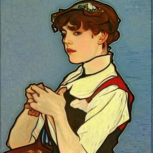 Prompt: painting of grumpy taehyung in a maid outfit, elegant, clear, painting, stylized, art, art by alphonse mucha, vincent van gogh, egon schiele,