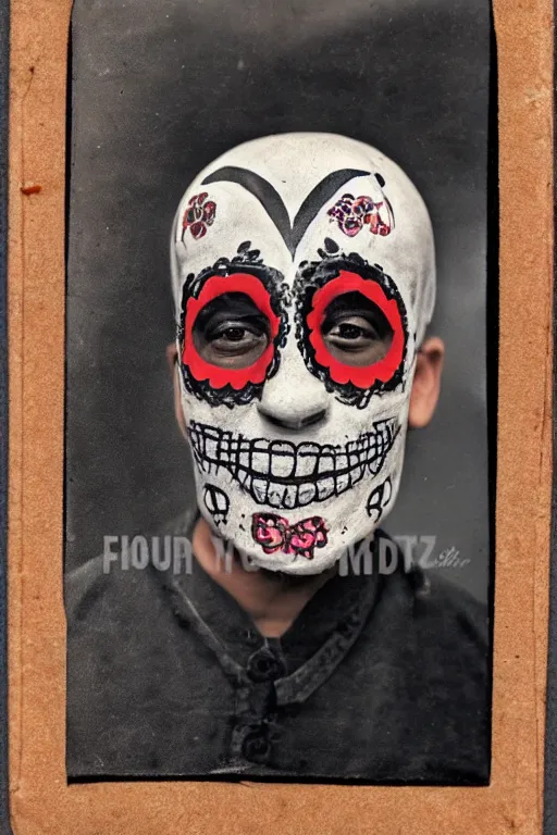 Image similar to vintage 35mm photo portrait of a man wearing a traditional day of the dead masks in the style of Jason Edmiston