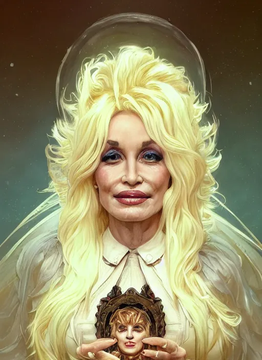 Image similar to Portrait of Dolly Parton, white glowing eyes, fantasy, extremely detailed, digital painting, artstation, concept art, smooth, sharp focus, illustration, stunning lighting, art by artgerm and greg rutkowski and alphonse mucha and simon stalenhag, realistic character concept, high fantasy, light atmosphere, golden ratio, cinematic lighting, hyperdetailed, high resolution, insanely detailed and intricate, artstation, Marc Simonetti, Greg Rutkowski, 8k