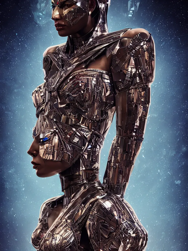 Image similar to full body portrait of the muscular Egyptian Android Pharaoh Queen, by DC comics and Sandra Chevrier and beeple, artstation, volumetric lighting and fog, hyperrealism, hyper detailed futuristic royalty, award winning costume design, cybernetic bionic ancient cyborg, fashion show runway, futuristic fine textures, woven with electricity, high fashion superpowers, floating dust particles, bokeh, mystic haze, 4k UHD, HDR