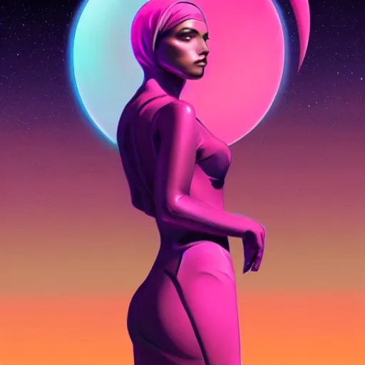 Image similar to 🧕🏽🛸, 8 0 s art deco, artstation, moebius + artgerm, hd,