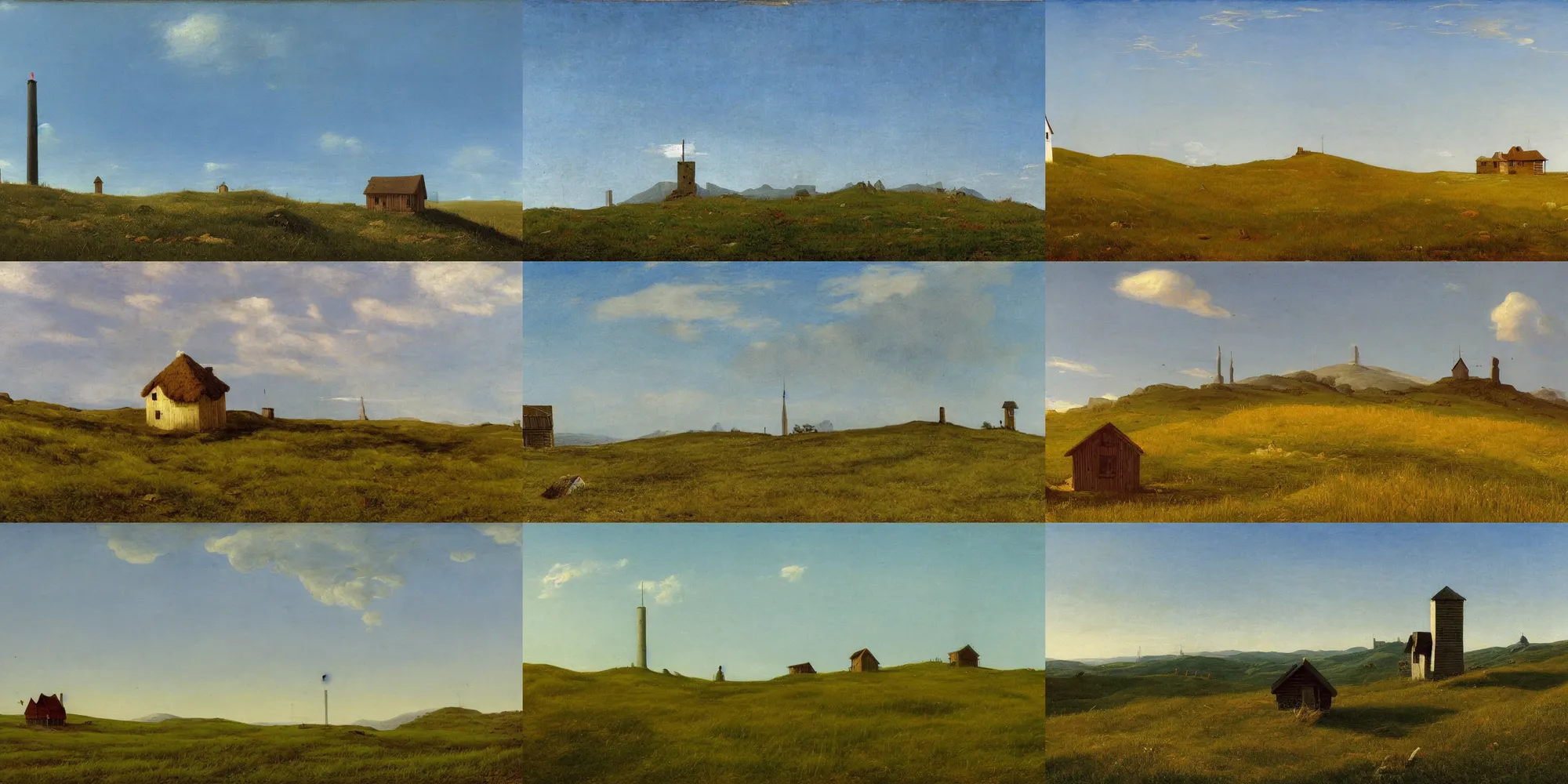 Prompt: a single little lonely cabin on the hills, endless grass, blue sky, a broadcast tower in the background, by caspar david friedrich