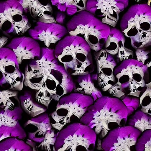 Prompt: real photograph 7 5 mm of a purple flower with skulls on each petal