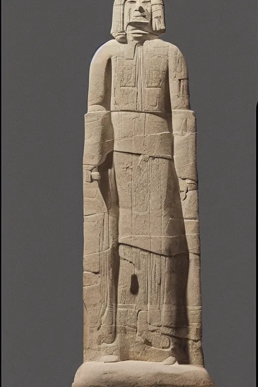 Image similar to A monumental sandstone statue of Darth Vador standing, in the style of the late Akkadian empire, museum catalog photography