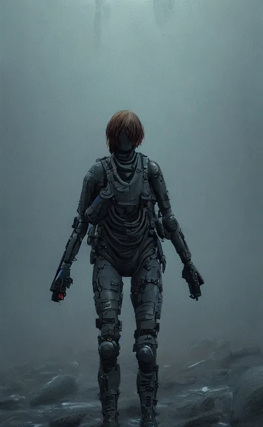 Image similar to death stranding landscape, anatomically correct human female figure wearing tactical gear in field facing forward, cinematic lighting, dark shadows, hyper detailed, digital painting by greg rutkowski and simon stalenhag, artstation, cgsociety, intricate, concept art