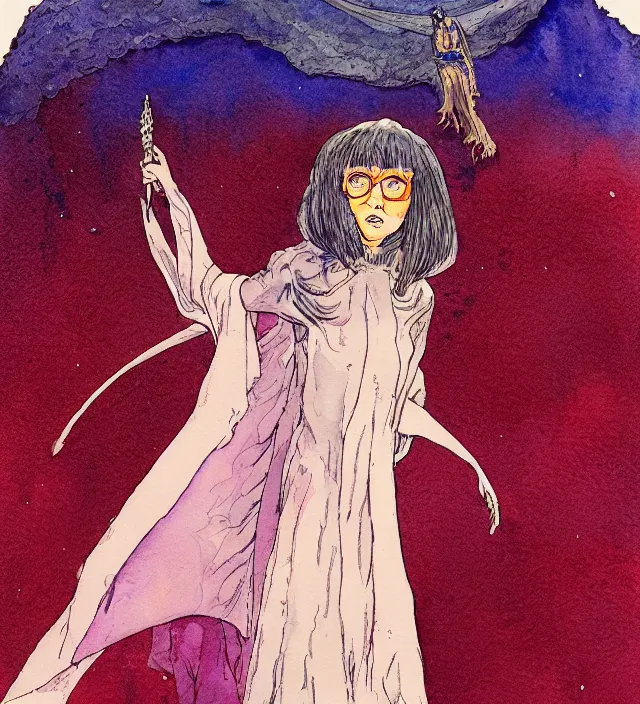 Prompt: a 3 / 4 view watercolor ink painting of velma as a wizard / vampire in the style of jean giraud in the style of moebius trending on artstation deviantart pinterest detailed realistic hd 8 k high resolution