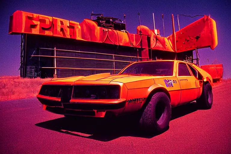 Image similar to stylized poster of mad max's pursuit special, the last v 8 interceptor, thick neon lights, ektachrome photograph, volumetric lighting, f 8 aperture, cinematic eastman 5 3 8 4 film