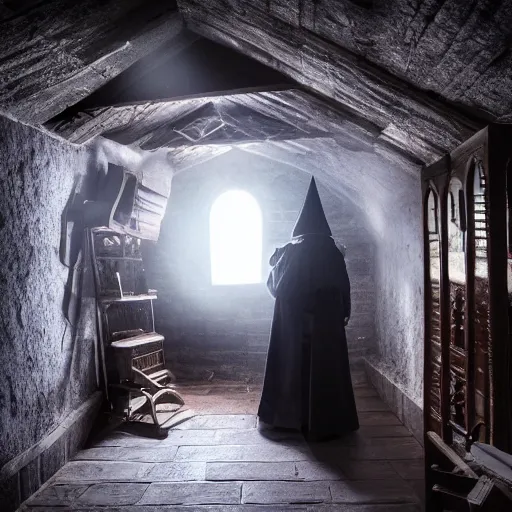 Prompt: Spanish Wizard in the attic, dark, shadows, night, 8k Photography