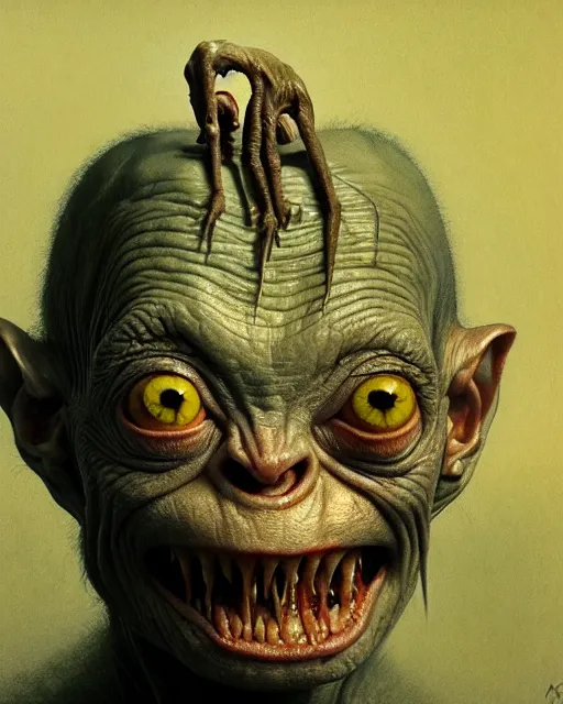 Image similar to gollum ugly, ultra detailed, ultra realistic, adventure time, studio lighting, by beksinski, alejandro jodorowsky, giger, greg rutkowski, carne griffith trending on artstation, deviantart, photorealism