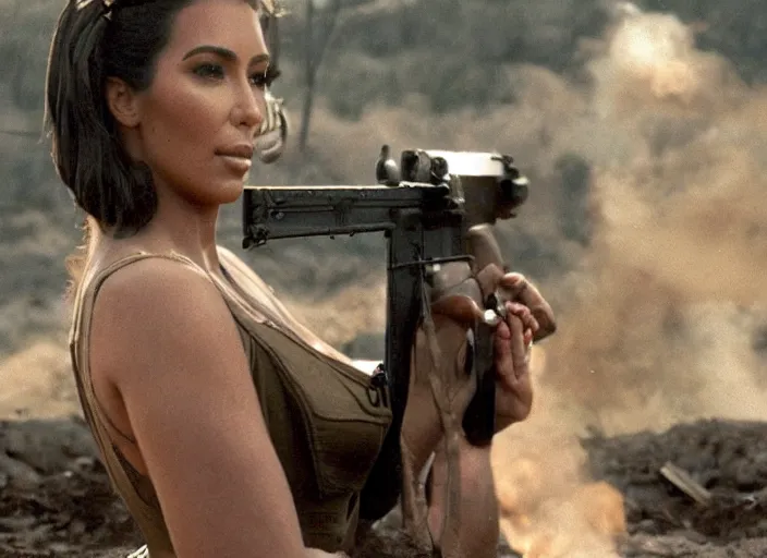 Prompt: a film still of kim kardashian as a soldier firing a rifle over a dirty trench with her top slightly open neckline. backround : warfield