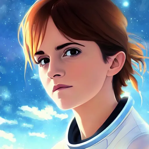 Prompt: emma watson as an astronaut by makoto shinkai