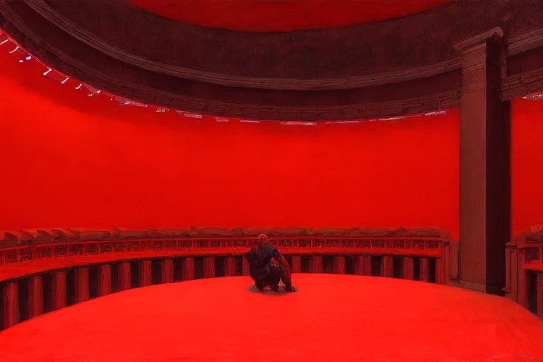 Image similar to only with red, crowd screaming, an exposed painting in a roman theater, in the style of beksinski, parts by edward hopper, parts by rodcenko, parts by yue minjun, intricate and epic composition, red by caravaggio, insanely quality, highly detailed, masterpiece, red light, artstation, 4 k