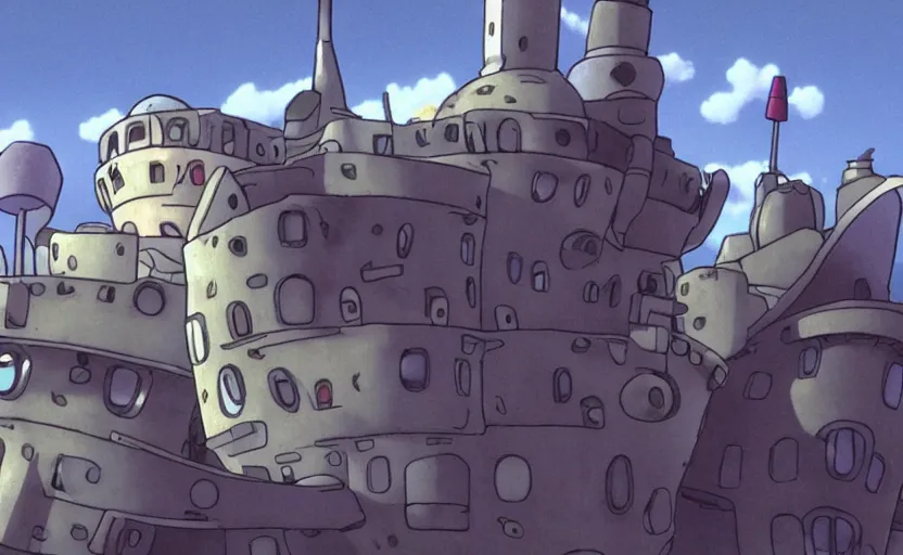 Image similar to a cell - shaded cartoon movie still from howl's moving castle ( 2 0 0 4 ) of a chrome ufo. very dull muted colors, hd, 4 k, hq