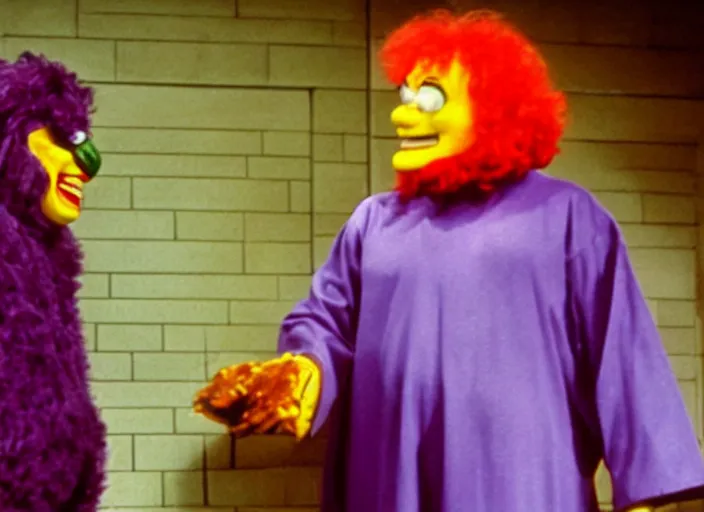 Image similar to film still of ronald mcdonald and grimace in a 1 9 8 0 s slasher movie