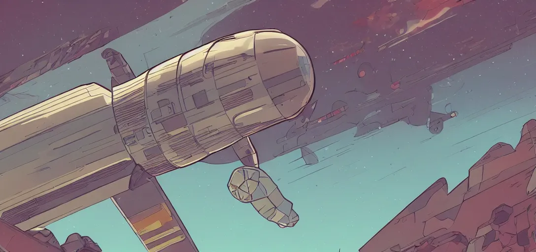 Image similar to one space capsule above the sky in the graphic style of Patrick Gleason, detailed art, trending on Artstation, sharp focus, comic art