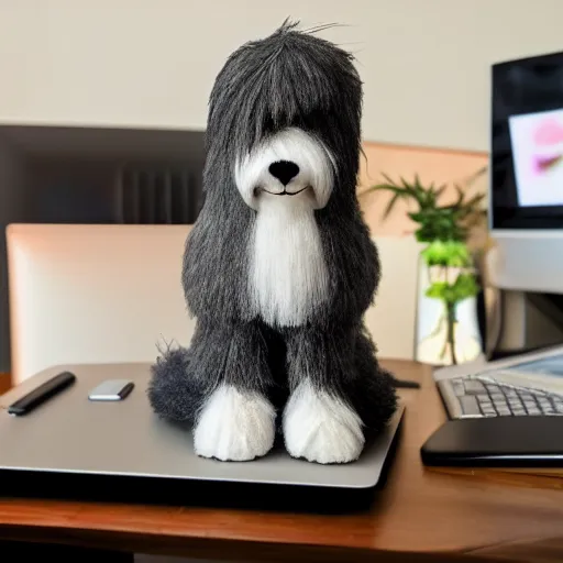Prompt: bearded collie stuffed animal sits at the computer progrramming, cute, adorable, fluffy, digital art, UE5,