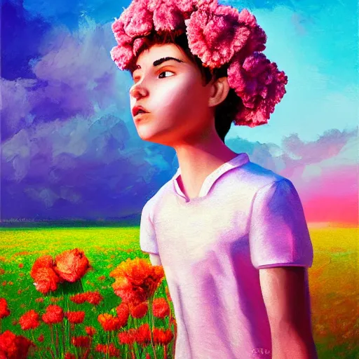 Image similar to face of carnations flower, girl standing in a flower field, surreal photography, sunrise dramatic light, impressionist painting, colorful clouds, digital painting, artstation, simon stalenhag, flower face