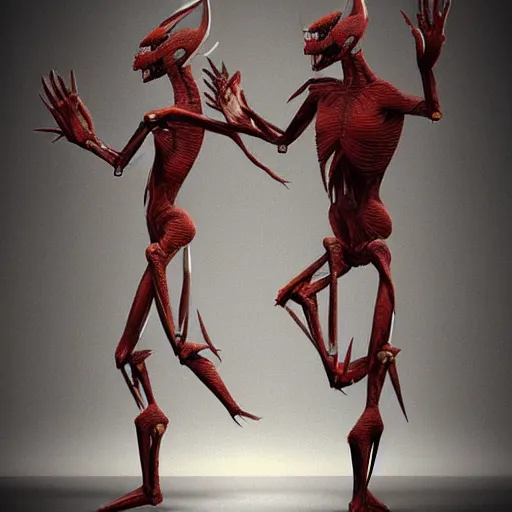 Image similar to Two humanoid creatures fused at the shoulders dancing on their pointy limbs. Award-winning digital art, trending on ArtStation