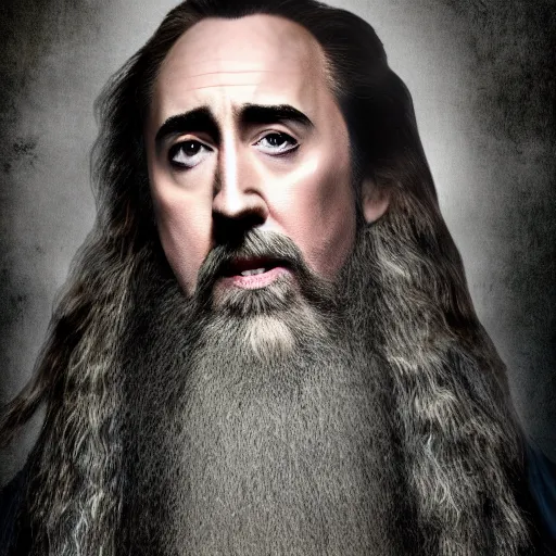 Image similar to drunk nicholas cage as gandalf, detailed, cinematic photo