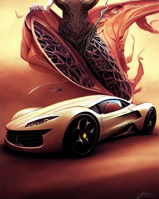 Image similar to Art nouveau Ferarri car, fantasy, intricate motion blur designs, elegant, highly detailed, sharp focus, art by Artgerm and Greg Rutkowski and WLOP