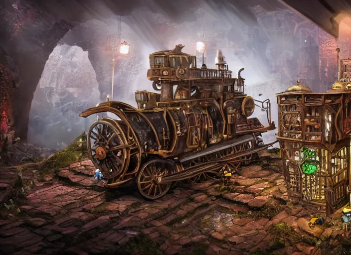 Prompt: minecart track in a magical mine illustration. steam punk fantasy, dramatic lighting, 8 k, sharp focus, global illumination, unreal engine, detailed and intricate environment