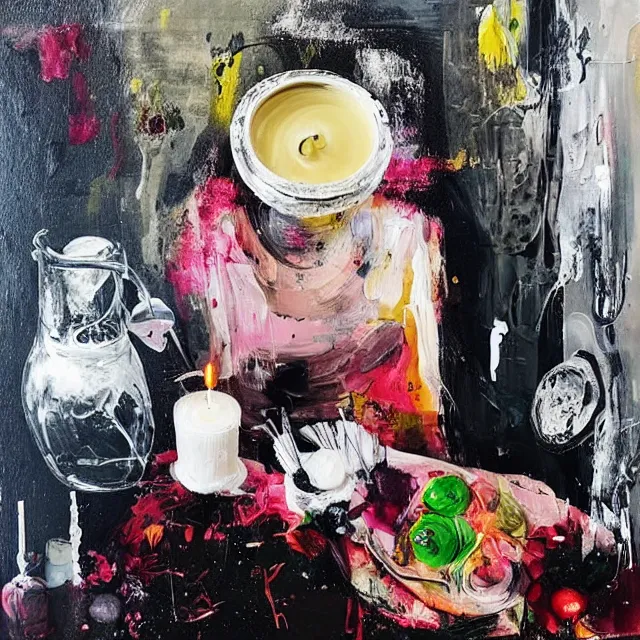 Prompt: “ a portrait in a female art student ’ s apartment, sensual, art supplies, paint tubes, palette knife, pigs, ikebana, herbs, a candle dripping white wax, black walls, squashed berries, berry juice drips, acrylic and spray paint and oilstick on canvas, surrealism, neoexpressionism ”