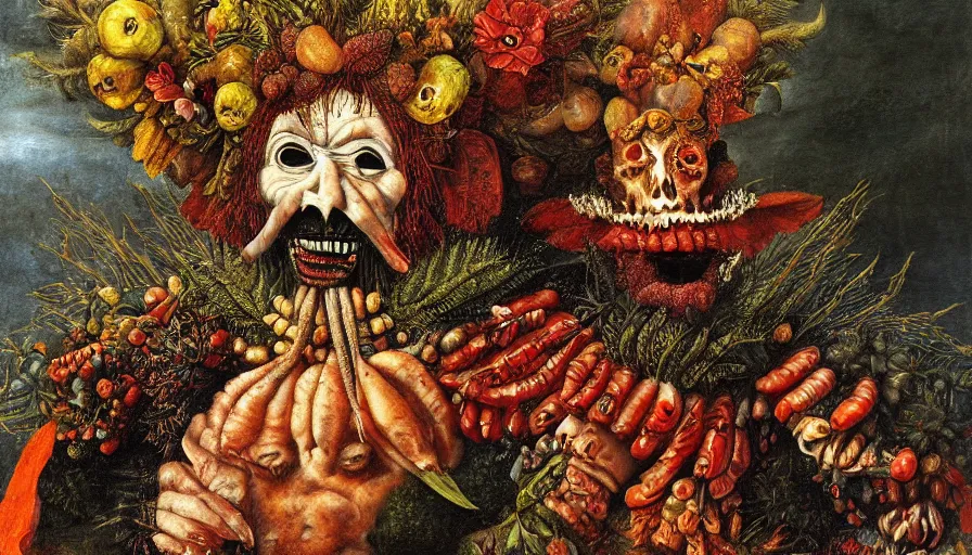 Prompt: lucifer by giuseppe arcimboldo, oil painting, classical painting, digital art, vivid colors, sharp focus, restored