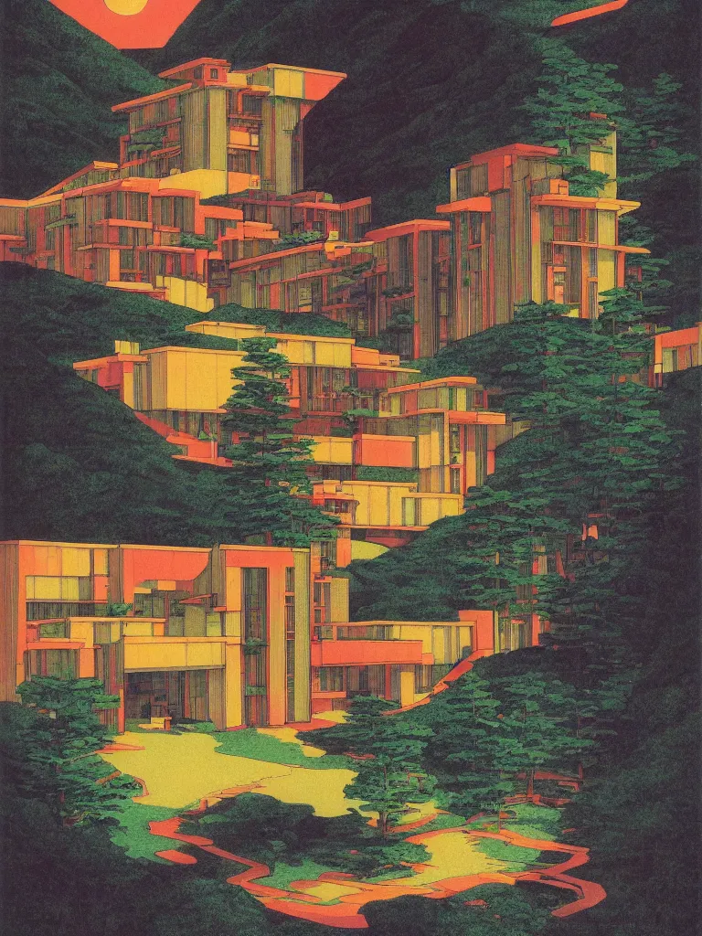 Prompt: a psychedelic hallucination of a brutalist hotel in the mountains, by kawase hasui, moebius, edward hopper, colorful flat surreal design, dramatic lighting, hd, 8 k, artstation