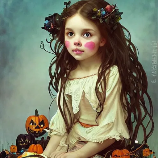 Image similar to a cute happy little girl with light brown wavy curly hair and blue eyes sitting amidst piles of halloween decorations. beautiful cute highly detailed face. halloween themed painting by artgerm and greg rutkowski and alphonse mucha.