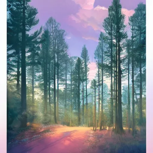 Prompt: solace, peaceful, clouds, beautiful, woods, trees, pine, nice view, gradient of pink and blue, mystical realistic poster with shaded lighting by craig mallismo, artgerm, jeremy lipkin and michael garmash, radiant light, detailed and complex environment, city, utopia, spirituality, sacred geometry, with implied lines