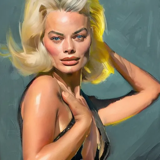 Image similar to greg manchess portrait painting of margot robbie as t - 8 0 0 terminator, medium shot, asymmetrical, profile picture, organic painting, sunny day, matte painting, bold shapes, hard edges, street art, trending on artstation, by huang guangjian and gil elvgren and sachin teng