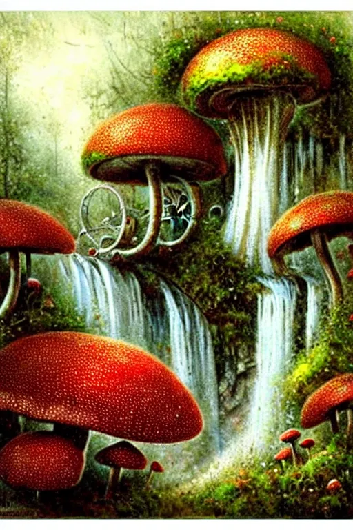 Prompt: detailed and rendered ( ( ( ( ( 1 9 5 0 s retro future steam turbine and mill in forrest of giant mushrooms, moss and flowers stone bridge waterfall. muted colors. ) ) ) ) ) by jean baptiste monge!!!!!!!!!!!!!!!!!!!!!!!!! chrome red